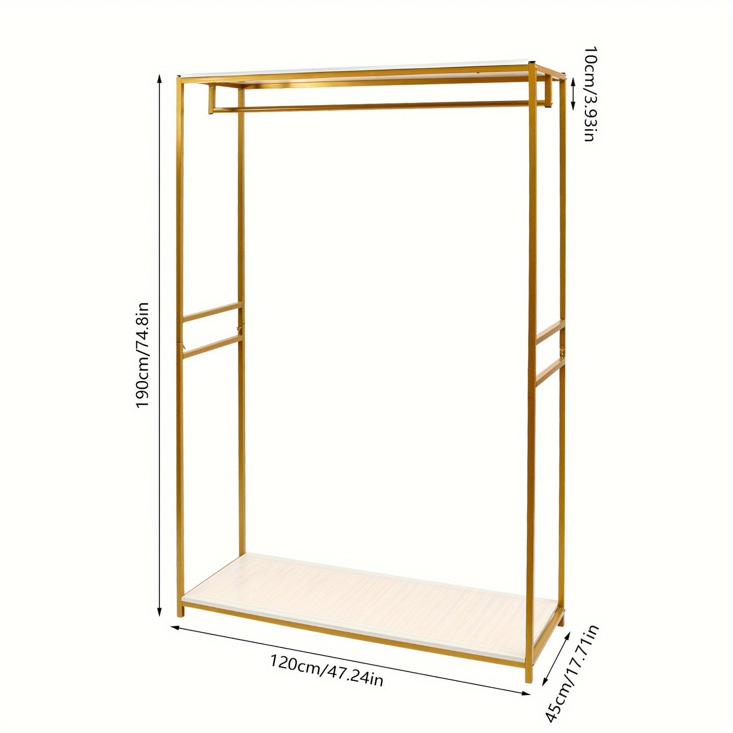 Kledingrek – Kledinghanger – Kledingstandaard – Kledinghouder – Garderoberek – Goudkleurig – Metaal en Hout – 120x45x190 cm – Met Stevige Onderplank