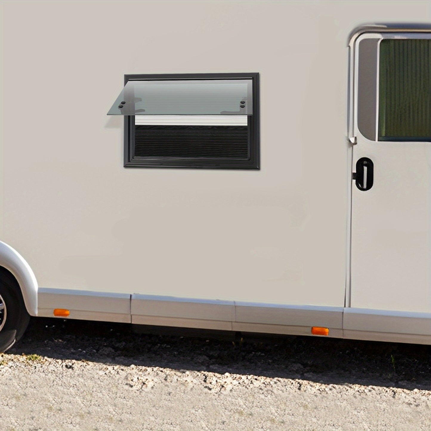 Uitzetraam Camper – Caravanraam – Ventilatieraam – Inzetraam – Raam Met Hor – Aluminiumlegering – Gehard Glas – Zonnescherm – Push-Out Design – 50x35 cm – Wit/Zwart