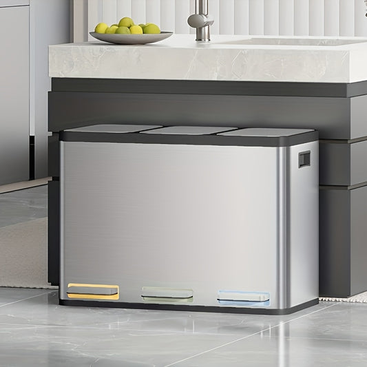 Kitchen Trash Can, Waste Separation System 3 Compartments 45L (3 X 15L), Stainless Steel Kitchen Trash Can, Pedal Bin with Color-coded Pedals, Waste Bin Quiet Slow Descent, Silvery