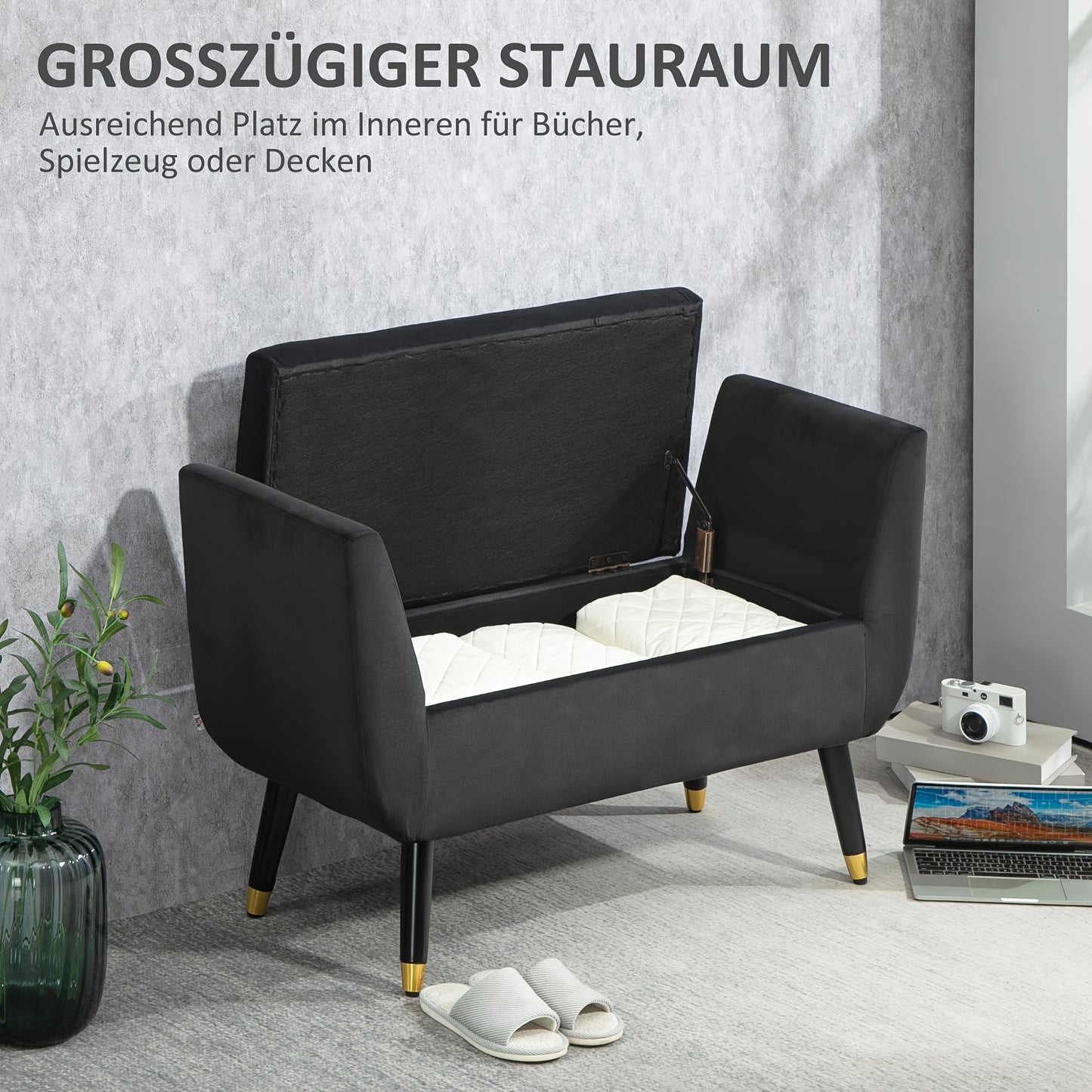 Deluxe Bench Upholstered Bench with Storage Space Armrests Bench Cabinet Bench Velvet Polyester Rubberwood Dark Grey 107 X 42 X 65cm