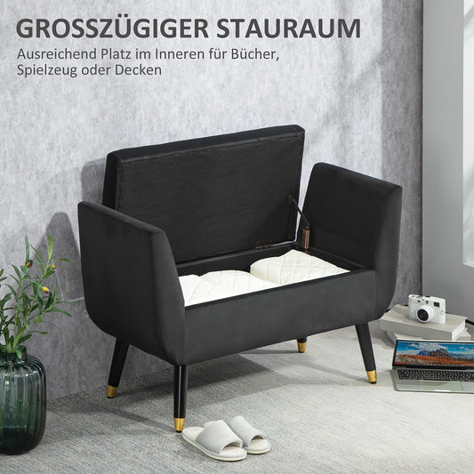 Deluxe Bench Upholstered Bench with Storage Space Armrests Bench Cabinet Bench Velvet Polyester Rubberwood Dark Grey 107 X 42 X 65cm