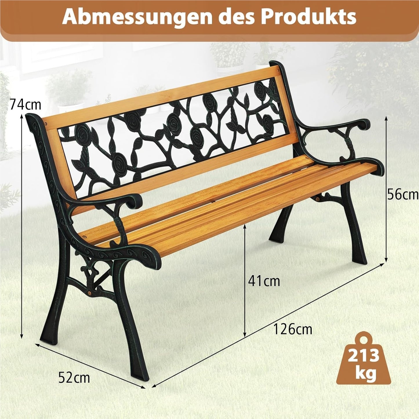 Tuinbank – Buitenbank – Balkonbank – Parkbank – Houten Bank – Weerbestendig Hout – Stevig Metalen Frame – 2 Persoons – 126 x 52 x 74 cm