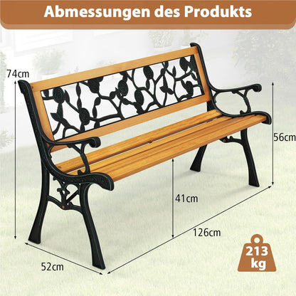 Tuinbank – Buitenbank – Balkonbank – Parkbank – Houten Bank – Weerbestendig Hout – Stevig Metalen Frame – 2 Persoons – 126 x 52 x 74 cm