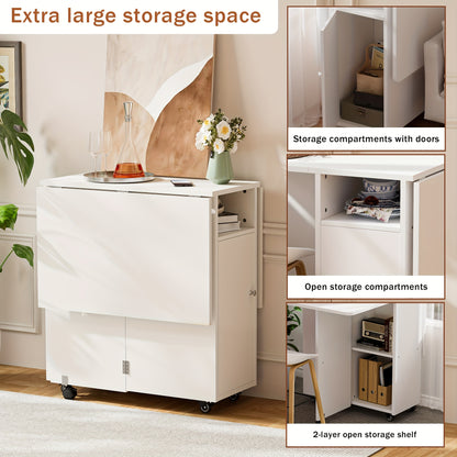 Uittrektafel – Inklapbare Tafel – Uitschuifbare Eettafel – Opklapbare Bureau – Verplaatsbare Werktafel – Wit – Modern – Met Wieltjes En Opbergruimte – 120x70x75 cm – Stevig Hardhout & Spaanplaat