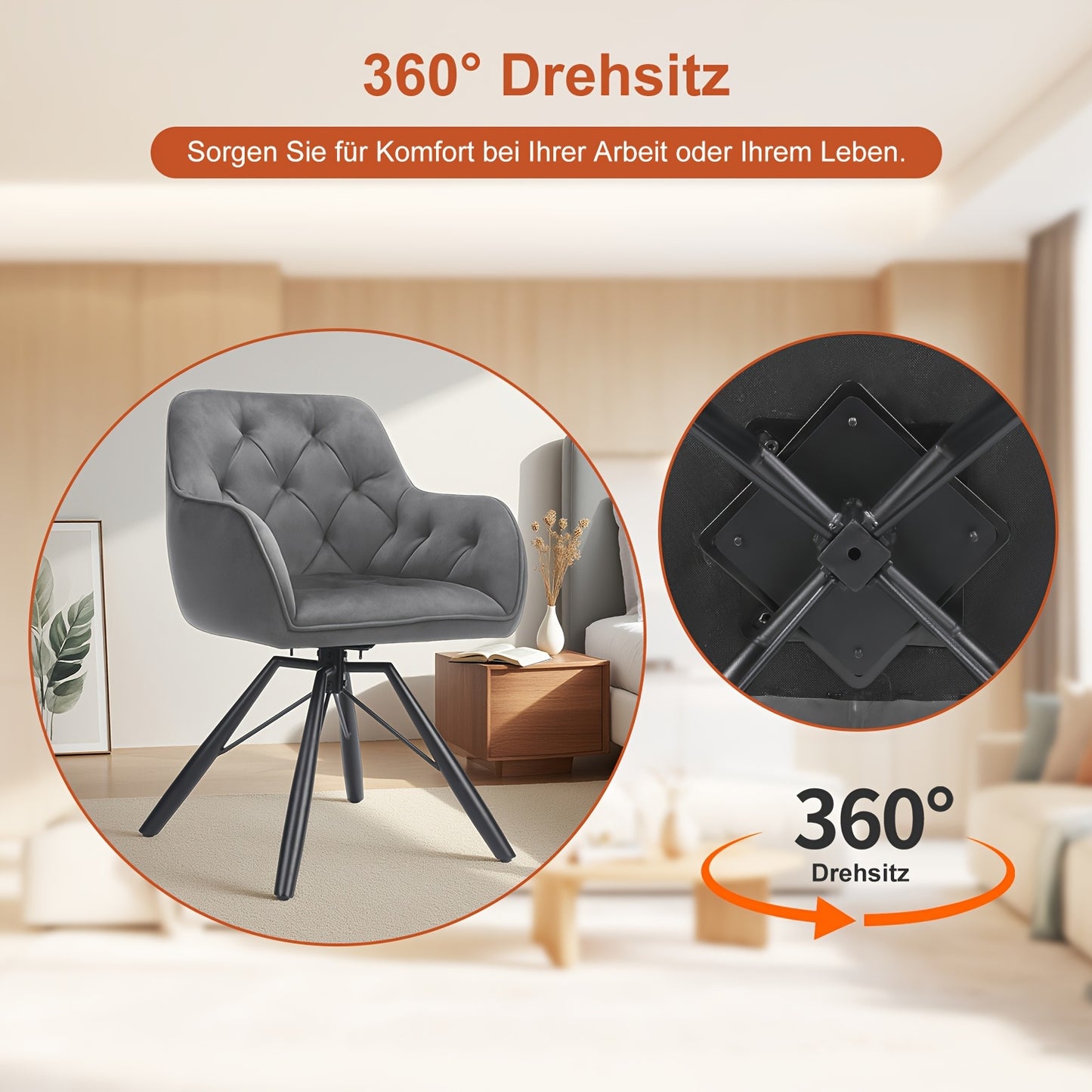 Draaibare Eetkamerstoelen – Eetkamerstoelen Set – Bureaustoelen Zonder Wielen – Comfortabele Stoelen – Stoelen Met Armleuningen – 360° Draaibaar – Fluwelen Bekleding – Metalen Poten – Grijs – Set Van 2