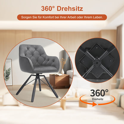 Draaibare Eetkamerstoelen – Eetkamerstoelen Set – Bureaustoelen Zonder Wielen – Comfortabele Stoelen – Stoelen Met Armleuningen – 360° Draaibaar – Fluwelen Bekleding – Metalen Poten – Grijs – Set Van 2