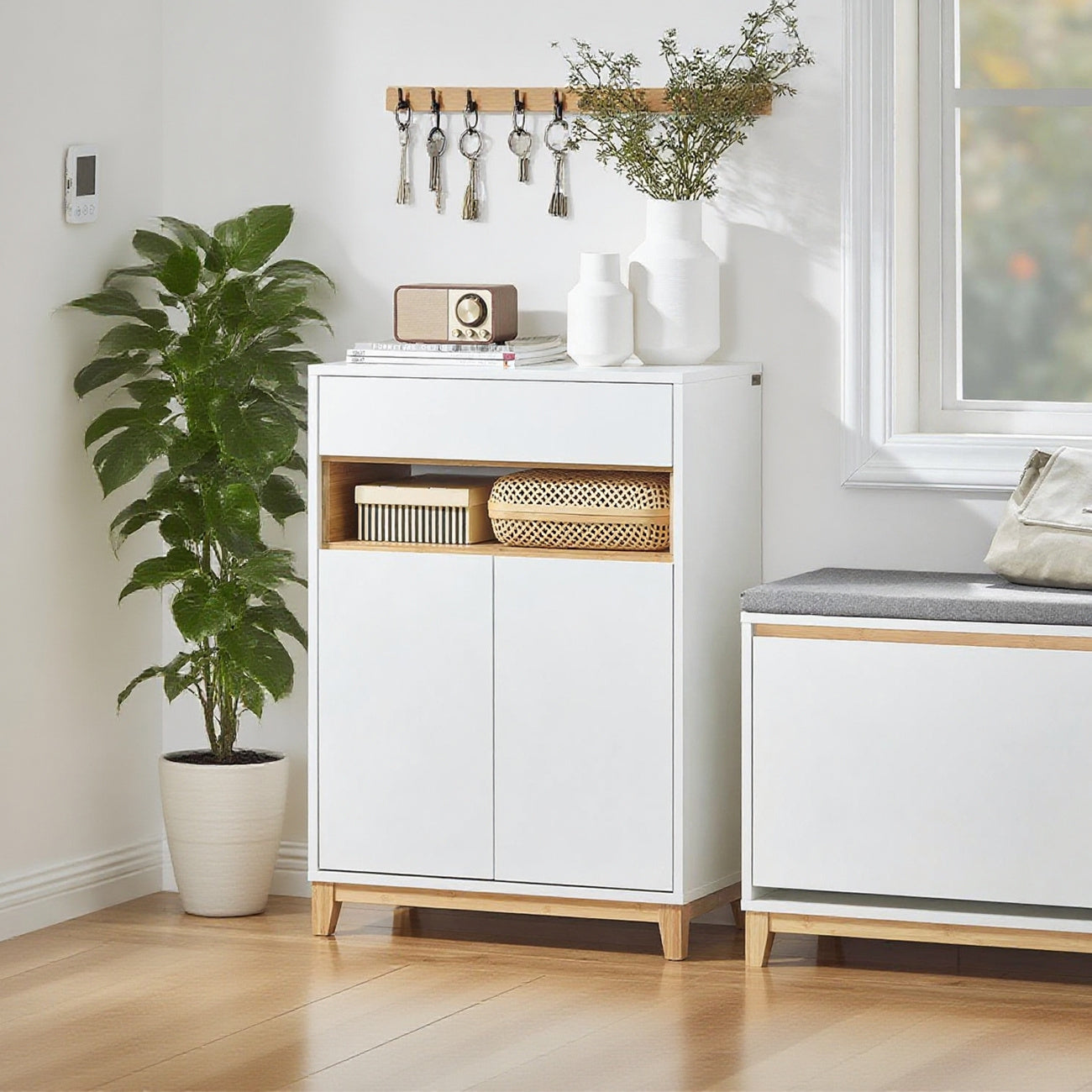 Schoenenkast – Sidetable – Consoletafel – Opbergkast – Haltafel – Multifunctioneel – Compact Design – Hoogwaardig MDF Hout – Verstelbare Legplanken – Lade en Deuren