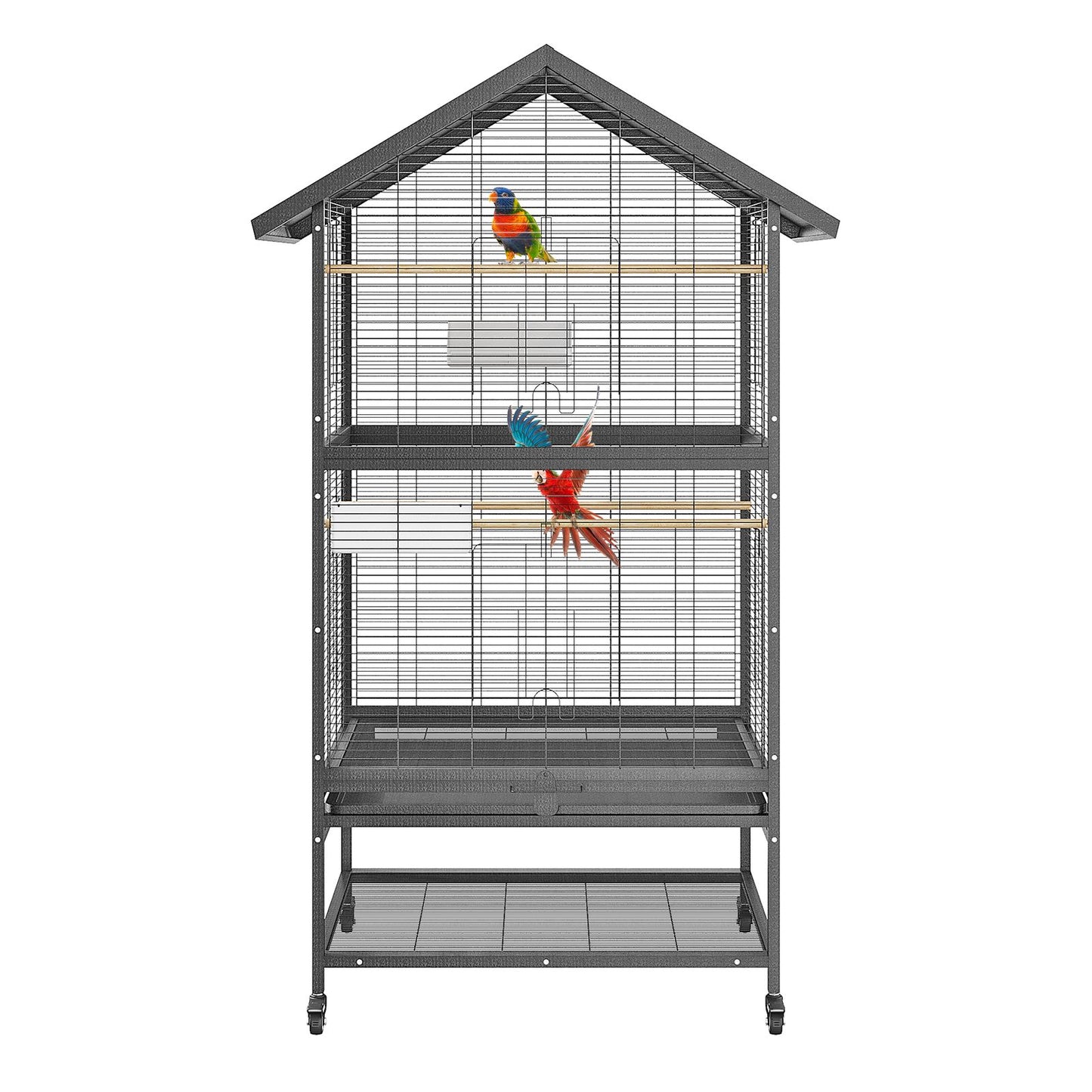 Vogelkooi – Vogelhuis – Vogelkooi Met Wieltjes – Vogelverblijf – Vogelkooi Zwart – Stevige Metaalconstructie – Mobiel Met Opbergruimte