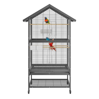 Vogelkooi – Vogelhuis – Vogelkooi Met Wieltjes – Vogelverblijf – Vogelkooi Zwart – Stevige Metaalconstructie – Mobiel Met Opbergruimte