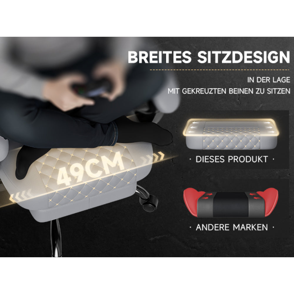 Gamingstoel – Gaming Chair – Bureaustoel – Gamestoel – Werkstoel – Ergonomisch Echt Leer – Massagefunctie – Uittrekbare Voetensteun – Grijs – Draagt 150 kg