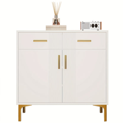 Dressoir – Opbergkast – Ladekast – Buffetkast – Kast – Wit – Met 2 Deuren En 2 Laden – Metaal Handgrepen En Poten – 80x35x79,5 cm – Massief Hout