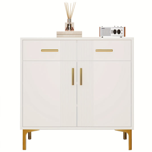 Dressoir – Opbergkast – Ladekast – Buffetkast – Kast – Wit – Met 2 Deuren En 2 Laden – Metaal Handgrepen En Poten – 80x35x79,5 cm – Massief Hout