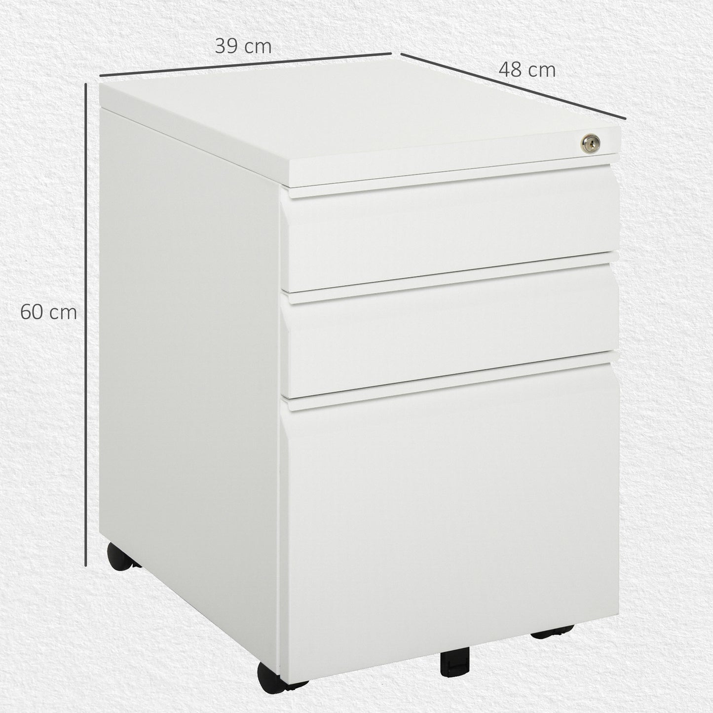 Rollcontainer – Bureaukast – Ladeblok – Kantoorcontainer – Archiefkast – Met 3 Lades – Wit Staal – Lockable – Met Wieltjes – 39x48x60 cm