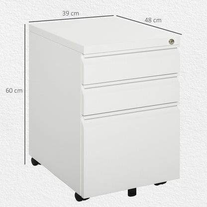 Rollcontainer – Bureaukast – Ladeblok – Kantoorcontainer – Archiefkast – Met 3 Lades – Wit Staal – Lockable – Met Wieltjes – 39x48x60 cm