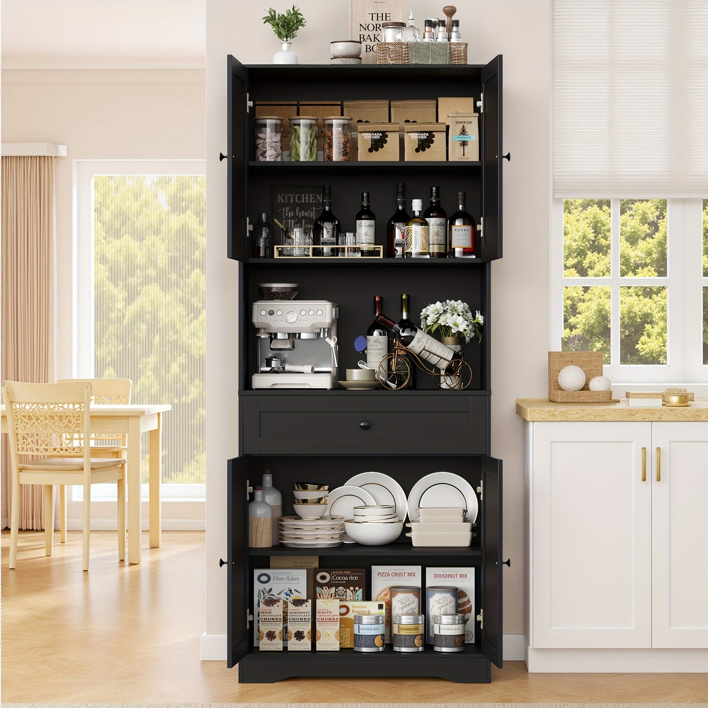Vrijstaand Kastje – Opbergkast – Keukenkast – Badkamerkast – Woonkamerkast – Zwart Knopje – MDF Materiaal – 68,5 cm Hoogte – 3,2+ Kubieke Voet Opbergruimte – Glazen Deuren – Lade Opbergfunctie – Gemakkelijk Te Monteren