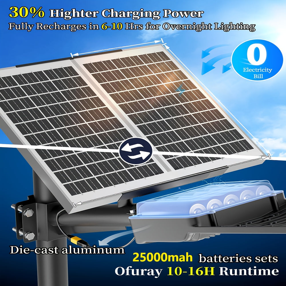Aluminum Solar Street Light with 2 Solar Panels, High-Power Outdoor Commercial Parking Lot Lamp for Twilight to Dawn Solar Security Floodlight Yard Pathway Solar Lights