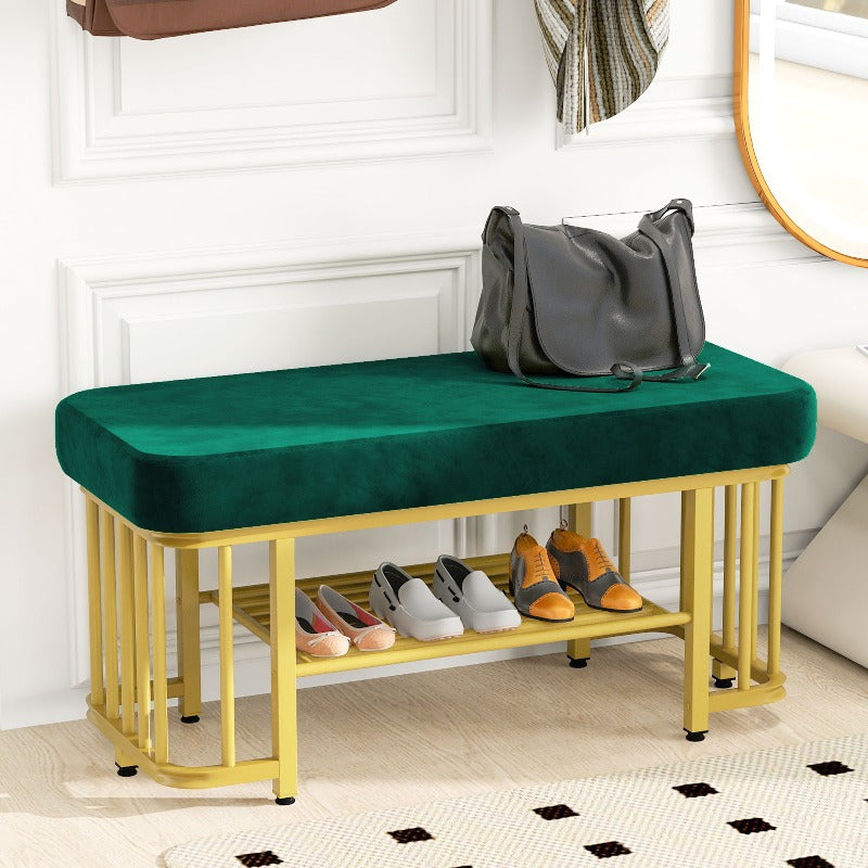 Schoenenbank – Halbank – Opbergbank – Bankje Met Kussen – Zitbank – Smal Design – Verstelbare Hoogte & Stijlvolle Groene Fluwelen Bekleding