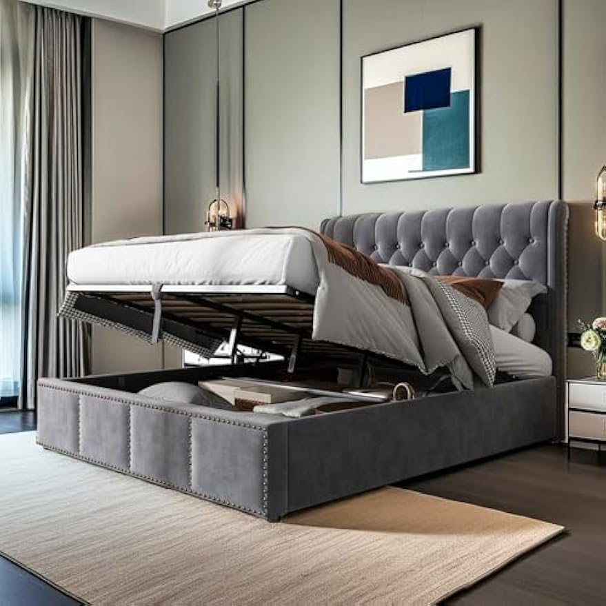 Boxspringbed – Opbergbed – Tweepersoonsbed – Slaapkamerbed – Hydraulisch Bed – Met Opbergruimte – Grijze Fluwelen Bekleding – Met Metalen Lattenbodem