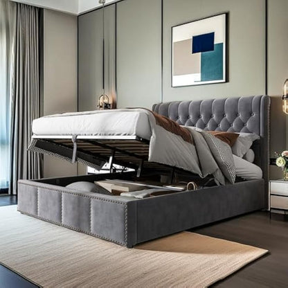 Boxspringbed – Opbergbed – Tweepersoonsbed – Slaapkamerbed – Hydraulisch Bed – Met Opbergruimte – Grijze Fluwelen Bekleding – Met Metalen Lattenbodem