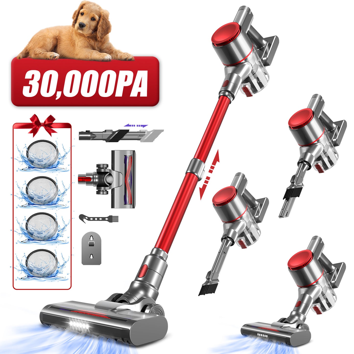 Aiidoits Cordless Vacuum Cleaner – 30000Pa, 300W, 35-Min Runtime, 6×2200mAh Battery, 1.4L Dustbin, Super Quiet, Anti-Tangle Brush – High-Capacity Cordless Vacuum with Long Battery Life, Flexible Cleaning for Hard Floors,