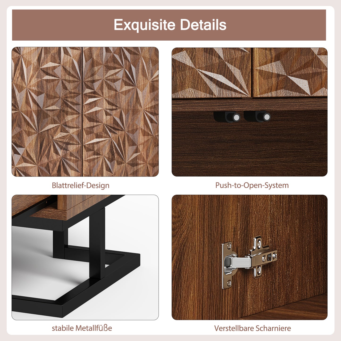 BTM Sideboard Cabinet 80X40X78 Cm Dark Walnut Optics with Leaf Relief, Push-To-Open Doors, Metal Legs 15 Cm, Modern Sideboard with Tilt Protection for Living Room, Dining Room & Hallway