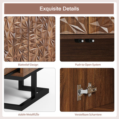 BTM Sideboard Cabinet 80X40X78 Cm Dark Walnut Optics with Leaf Relief, Push-To-Open Doors, Metal Legs 15 Cm, Modern Sideboard with Tilt Protection for Living Room, Dining Room & Hallway