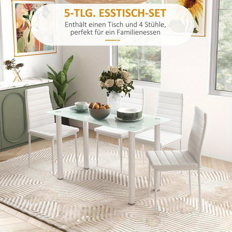 5-tlg. Essgruppe Sitzgruppe Esstisch with 4 Chairs, Modern Design, Glass Top, Modern Kitchen Furniture, Quick Assembly, Space-Saving, Country Style Dining Table