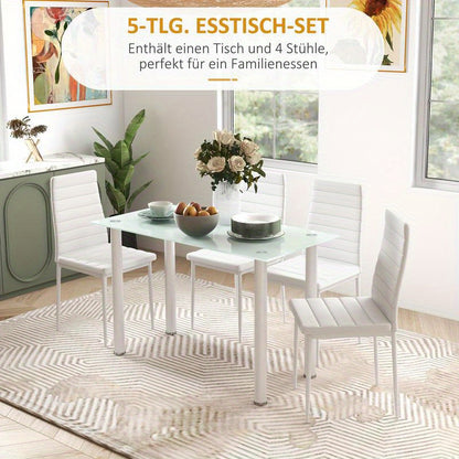 5-tlg. Essgruppe Sitzgruppe Esstisch with 4 Chairs, Modern Design, Glass Top, Modern Kitchen Furniture, Quick Assembly, Space-Saving, Country Style Dining Table