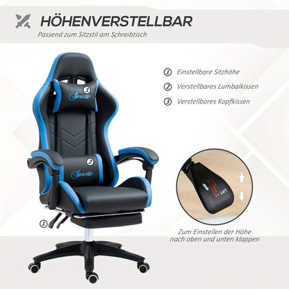 Gamingstoel – Gamestoel – Gaming Chair – Bureaustoel – Game Stoel – Verstelbare Hoogte – Inklapbare Voetsteun – Zwart/Wit – 360° Draaibaar – Ergonomische Rug- en Nekkussen