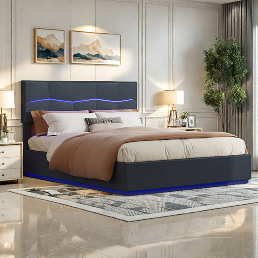 Dubbel Opbergbed – Opbergbox Bed – Stalen Bedframe – Bed Met LED-Verlichting – Ladebed – 140x200 cm – USB Oplaadpoort – Pneumatisch Hefmechanisme