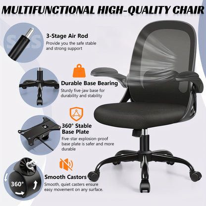 KERDOM Ergonomic Office Chair with Adjustable Height, 3D Lumbar Support & Breathable Mesh Back - Heavy-Duty Metal Frame, 360° Swivel Rolling Desk Chair with Flip-Up Armrests, Space-Saving Mid-Back Computer Chair for Home & O