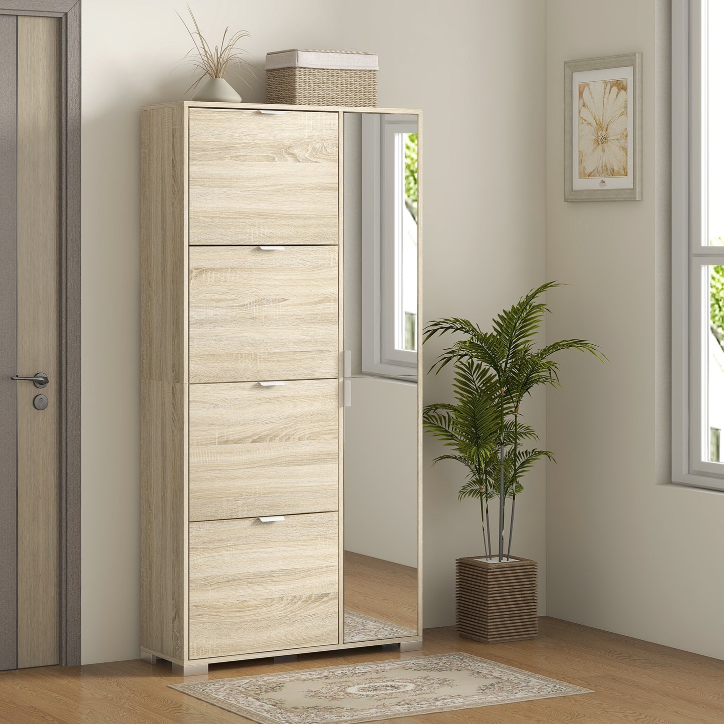 Schoenenkast – Schoenenopberger – Schoenenrek – Schoenenmeubel – Schoenenkastje – Met Spiegel – Verstelbare Planken – 16 Paar Schoenen – Houtkleur Oak