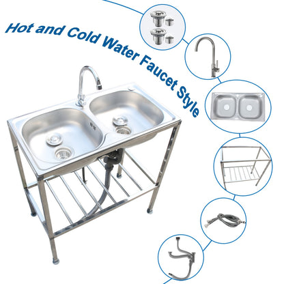 Double Bowl Kitchen Sink, Freestanding Sink with Hot And Cold Water Faucet, Portable Sink with Drain Kit Suitable for Camping, Balcony, Garage