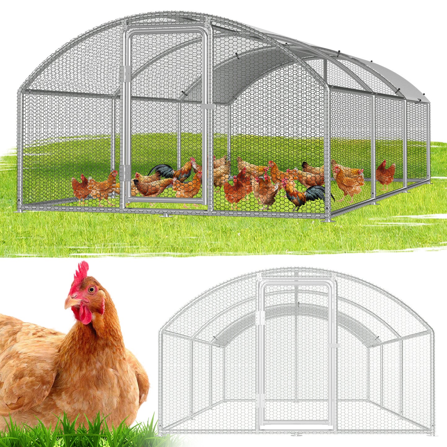 Chicken Coop Free-Range Enclosure, 3X2X2M/3X4X2M/3X6X2M/3X8X2M Galvanized Steel, Chicken House Dome Roof with Lock And Pe-Colored Tarpaulin, Easy to Clean, for Chicken Cage Bird Cage.