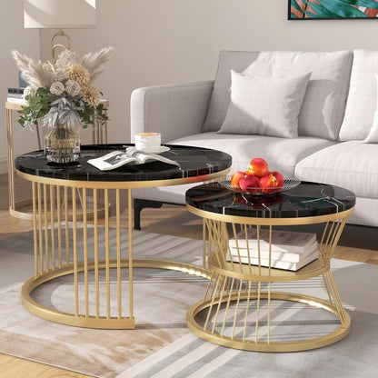 Salontafel – Bijzettafel – Nesting Tafel – Woonkamertafel – Balkon Salontafel – Metaal Frame – Marmerlook – Set Van 2 – Ronde Bladen – Ruimtebesparend – Lichtgewicht