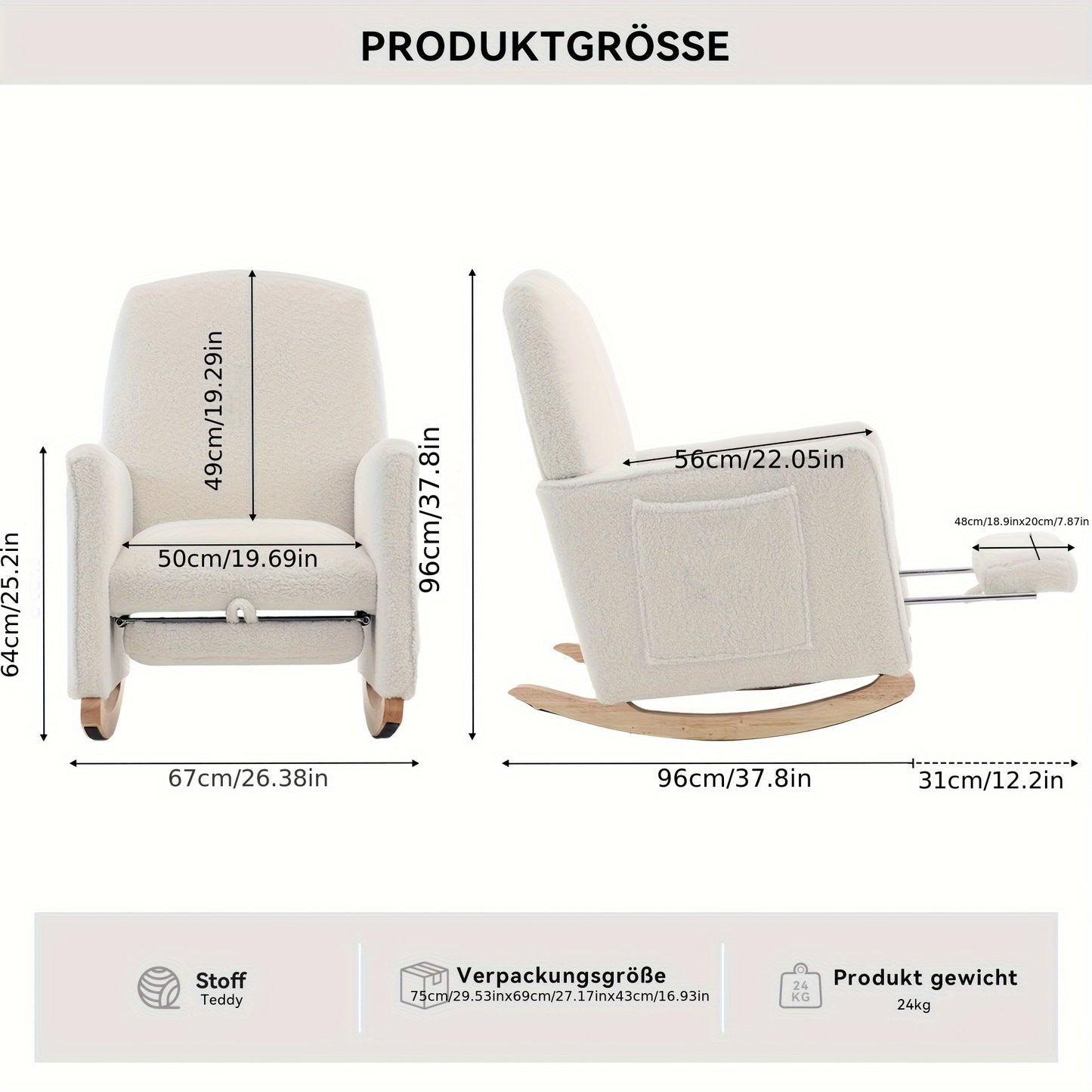 Lounge Schommelstoel – Relaxstoel – Fauteuil – Woonkamerstoel – Schommelstoel Met Voetenbankje – Wit – Hardhouten Frame – Zachte Teddy Bekleding