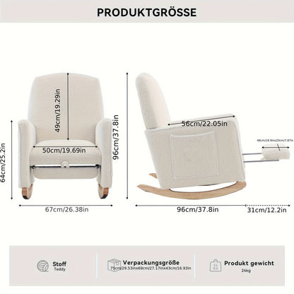 Lounge Schommelstoel – Relaxstoel – Fauteuil – Woonkamerstoel – Schommelstoel Met Voetenbankje – Wit – Hardhouten Frame – Zachte Teddy Bekleding