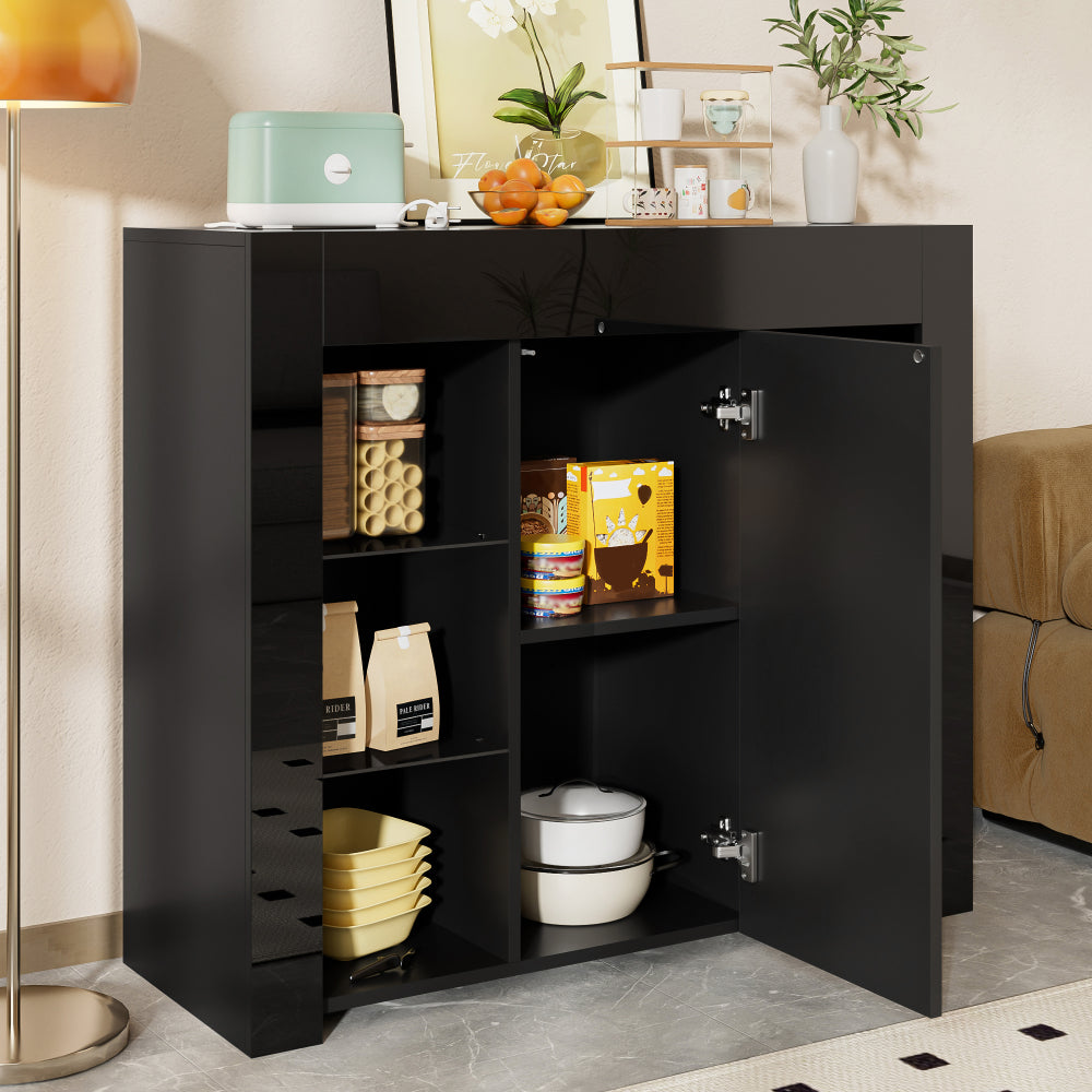 Dressoir – Opbergkast – Buffetkast – Ladekast – Wandkast – Modern Zwart – Glazen Deuren – Compact Design 95x35x83 cm – Duurzaam Zonder Elektriciteit