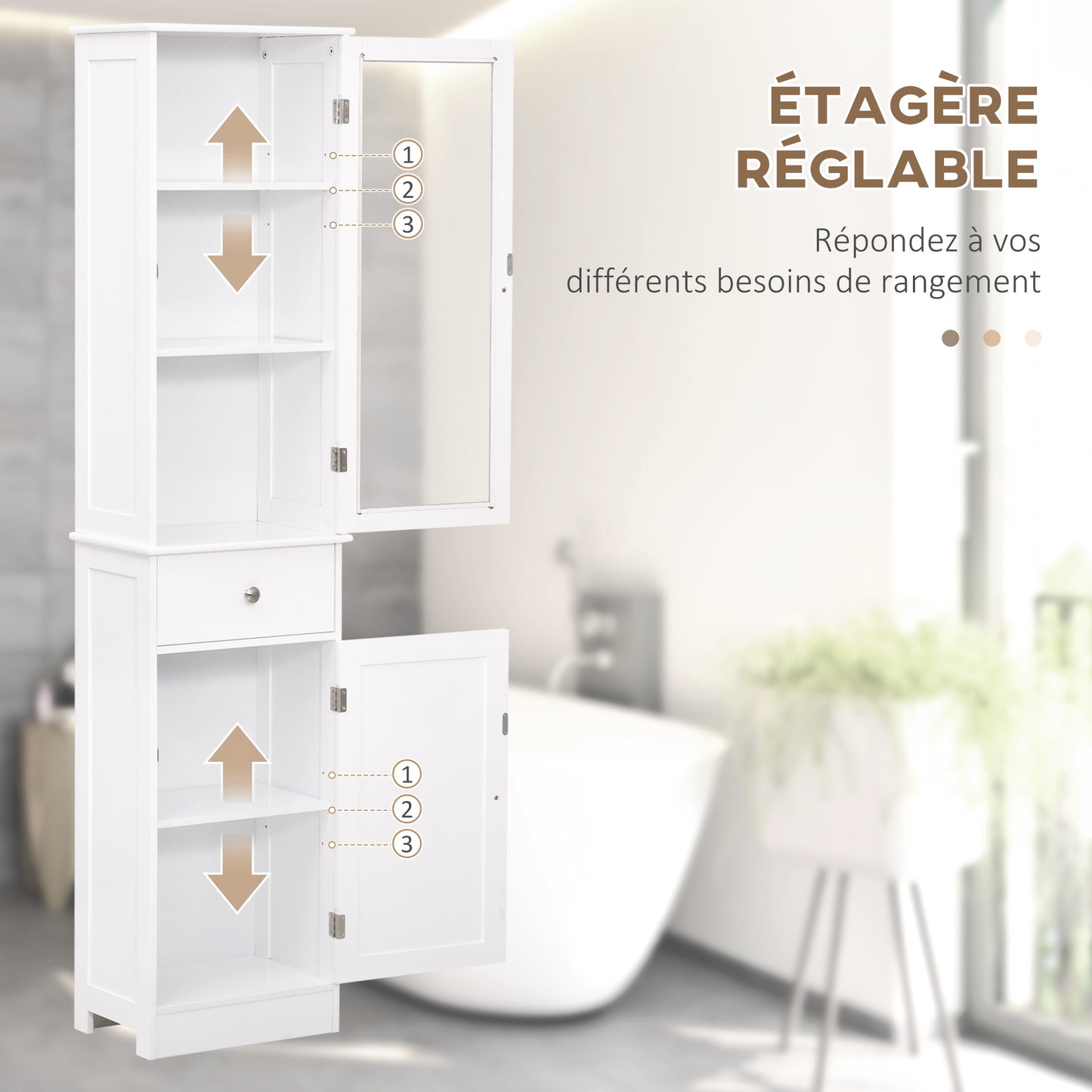 Kolomkast badkamer – kolommeubel – hoge kast – badkamerkast – kolomopberger – wit MDF – verstelbare planken – waterbestendig design