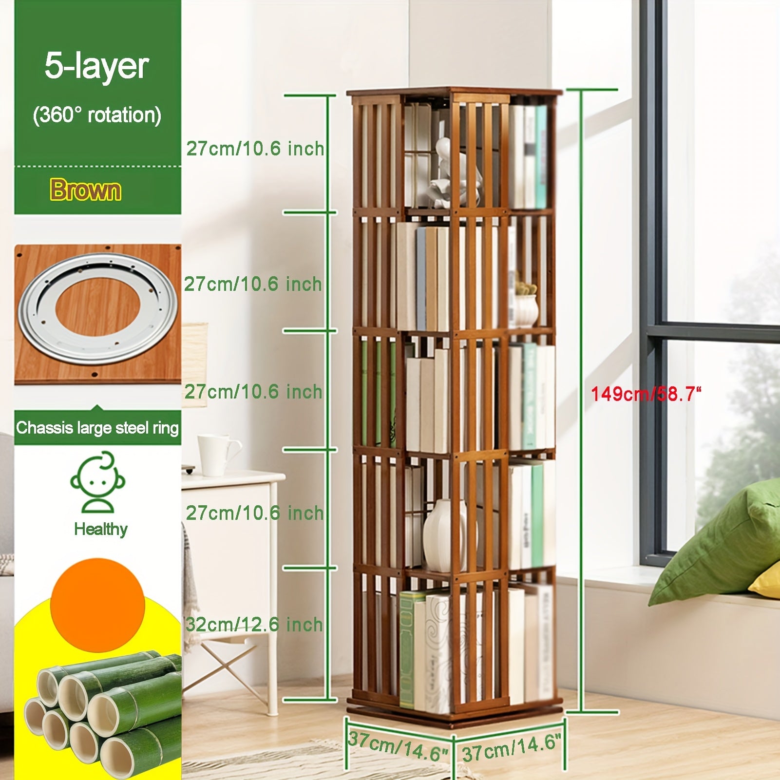 Draaibare Boekenplank – Boekenrek – Boekenhouder – Boekenkast – Opbergkast – 5 Lagen – 360° Draaibaar – Bamboe Materiaal - QUORE