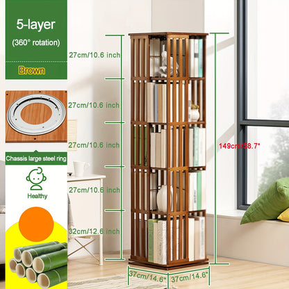 Draaibare Boekenplank – Boekenrek – Boekenhouder – Boekenkast – Opbergkast – 5 Lagen – 360° Draaibaar – Bamboe Materiaal - QUORE