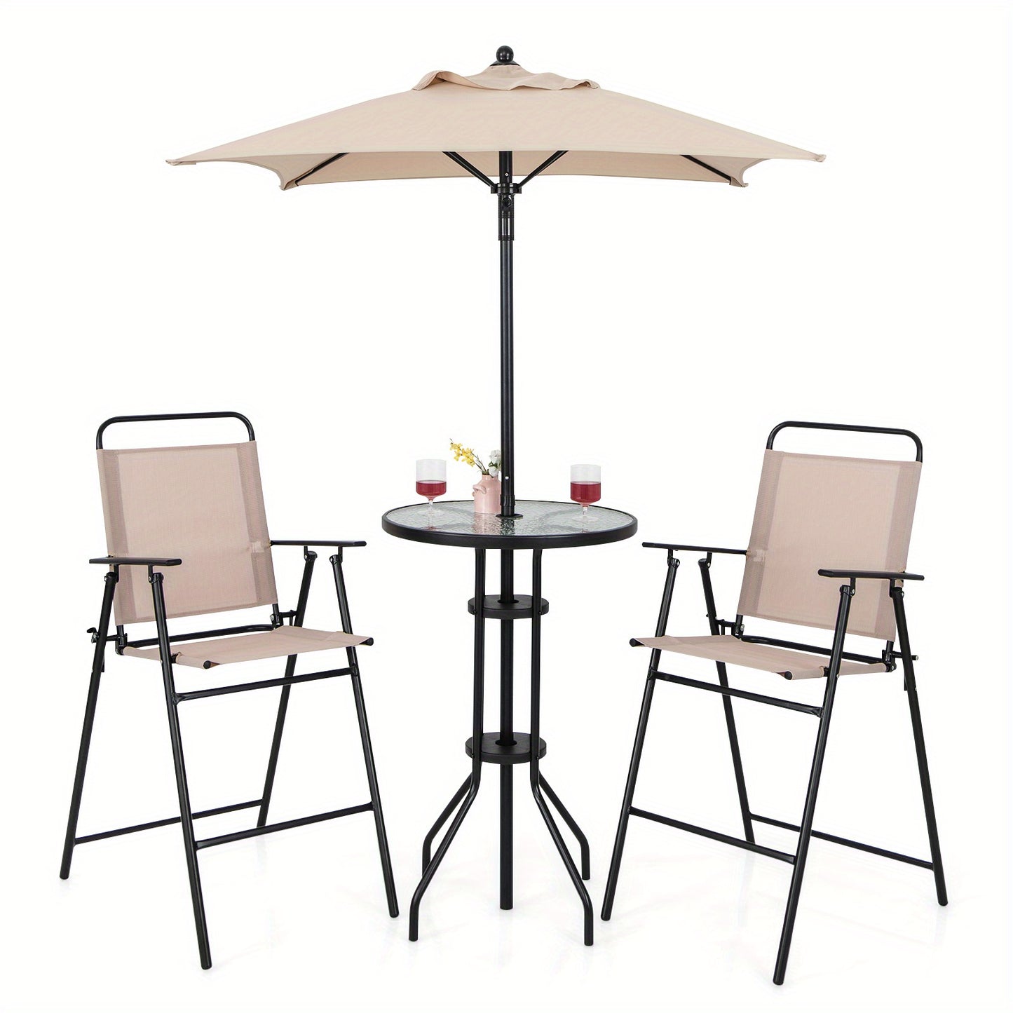Bistrotafel Balkonset – Balkonmeubels Tuinset – Zitgroep Parasolset – Inklapbare Stoelen – Beige Kleur – Geharde Glas Tafel – Ruimtebesparend & Stevig Frame