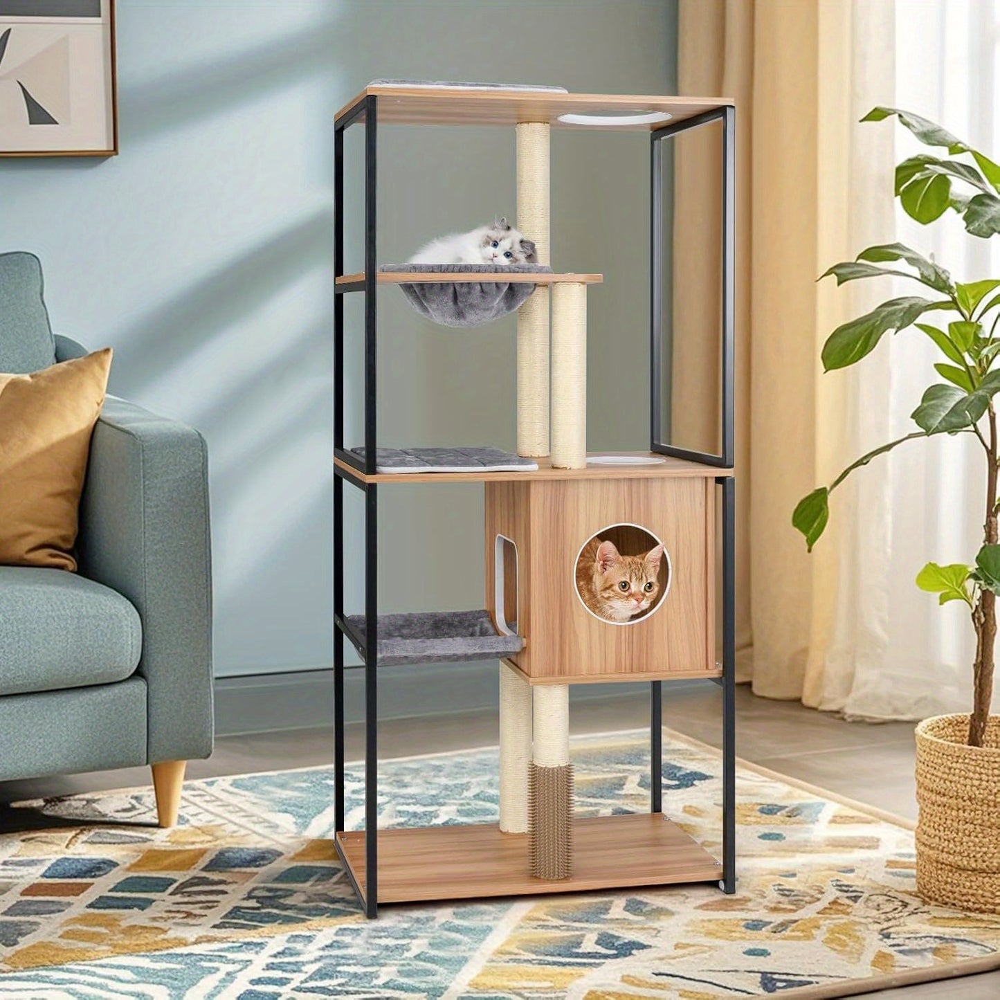 Krabpaal – Kattenboom – Kattenhuis – Kattenmeubel – Kattentoren – 160 cm Hoog – Hout & Metaal Frame – Met Hangmat en Wasbare Kussens