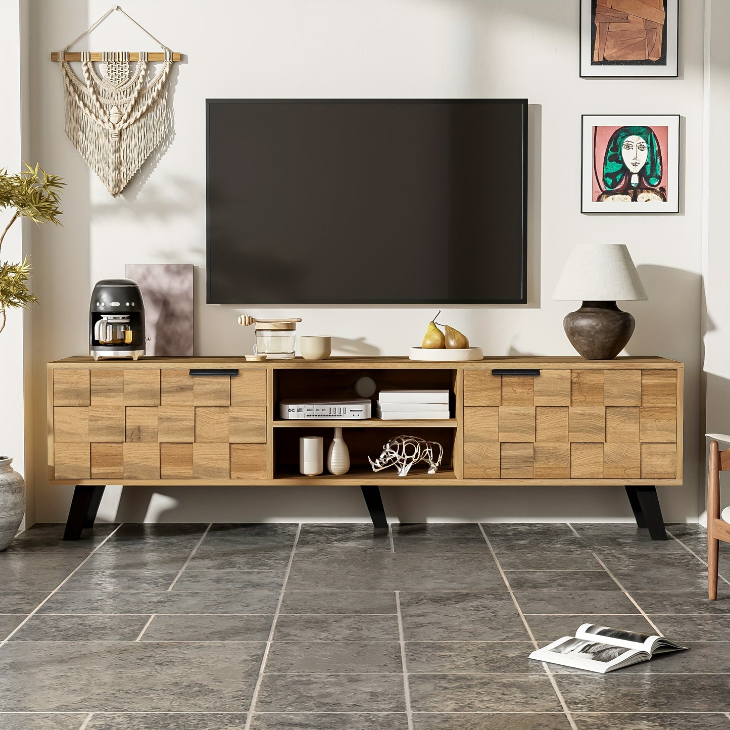 TV-Meubel – Tv-Kast – Mediameubel – Dressoir – Houten Meubel – Natuurlijk Hout – 160 cm Breed – 2 Deuren & 2 Open Vakken