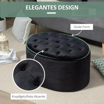 Opbergbank – Opbergpoef – Zitbank Met Opbergruimte – Opbergkist – Hocker – Fluwelen Bekleding – Ovaal Design – 71x52x42 cm – Zwart – Ruimtebesparend – Met Scharnierend Deksel