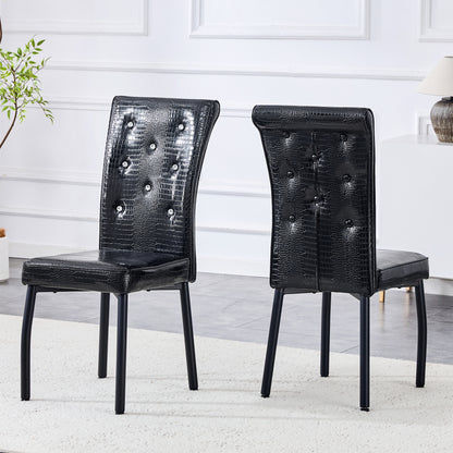 A Set of Two Black Vintage Crocodile-Patterned Upholstered Dining Chairs | Featuring Crystal Buckle Detailing And Faux Leather Accents, Lends an Air of Elegance And Mystery to The Dining Area, Suitable for Hard Floors, Wipe C