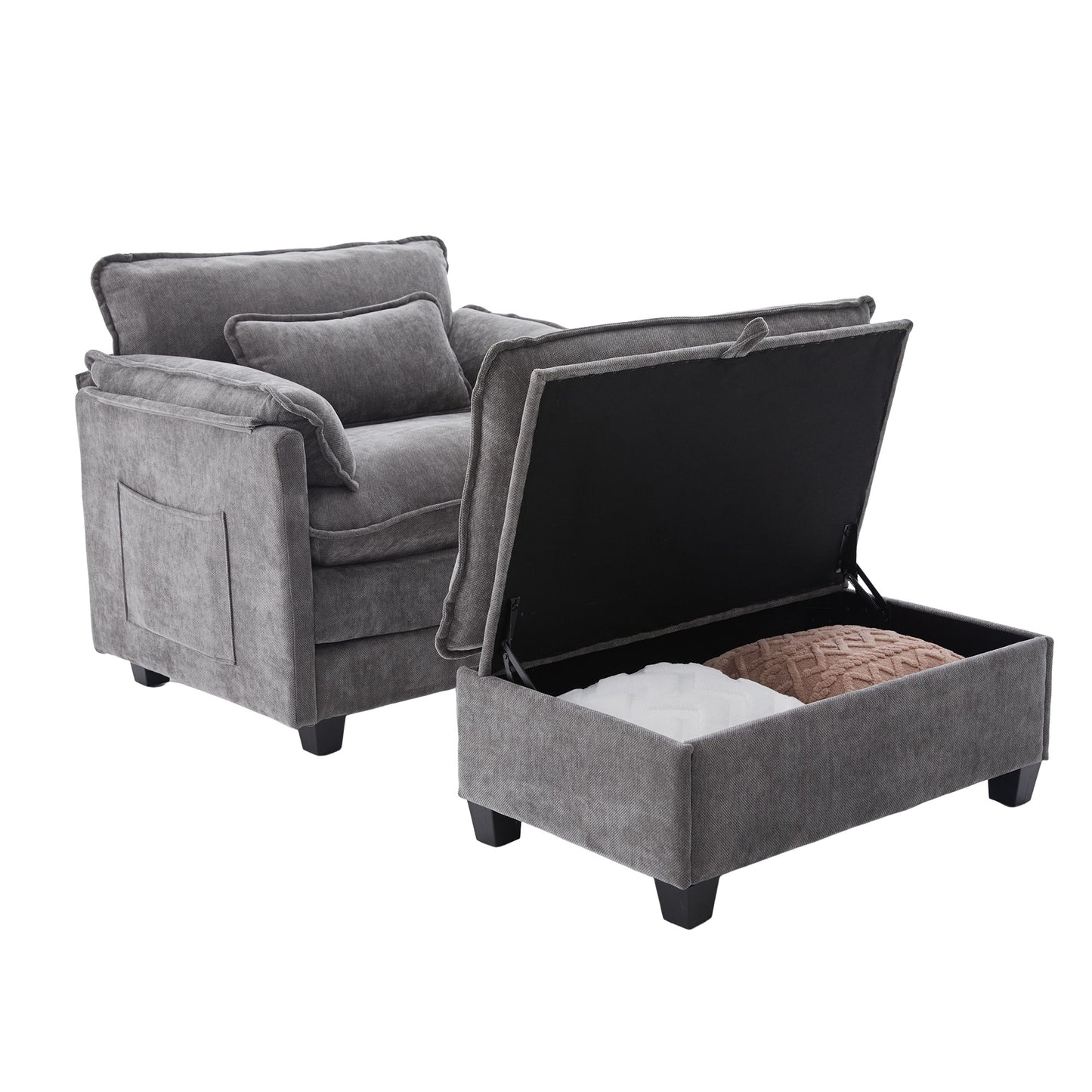 Extra Grote Relaxstoel – Loungestoel – Fauteuil – Zitzak – Relaxfauteuil – Premium Velvet – Inclusief Voetsteun & Poef – Handige Zijzakken – Grijs