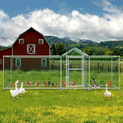 Kippenren – Kippenhok – Buitenren – Pluimveestal – Hennenhok – Met Halfrond PE Zonwering – Stevig Gegalvaniseerd Stalen Frame – 5x1x1,5 Meter – Geen Elektriciteit Nodig