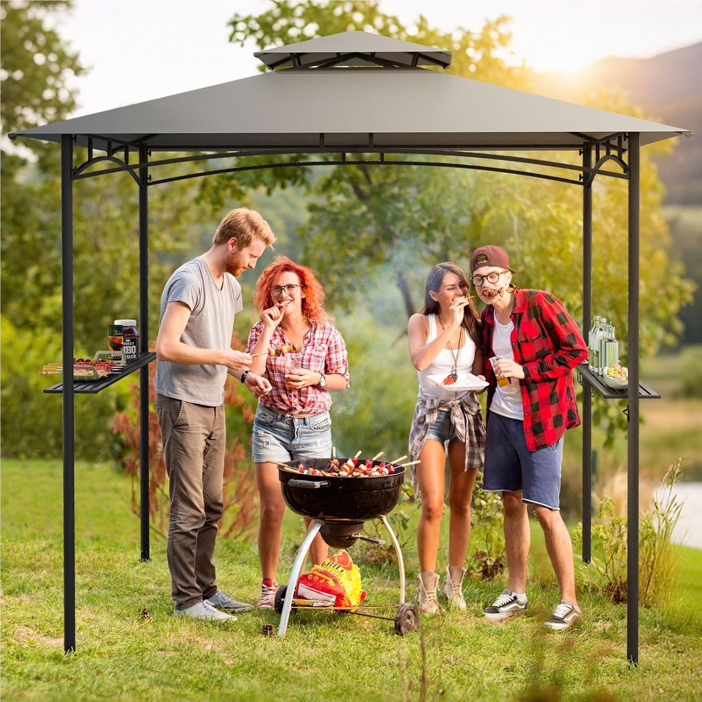 Grillpaviljoen – Barbecueoverkapping – Tuinpaviljoen – BBQ Shelter – Terrasoverkapping – Dubbel Polyester Dak – Met Zijplanken en Haken – Weerbestendig – 242 x 150 cm – Grijs