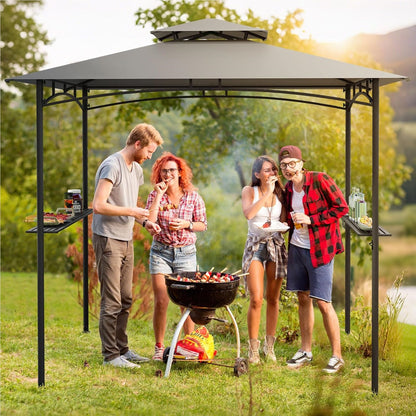 Grillpaviljoen – Barbecueoverkapping – Tuinpaviljoen – BBQ Shelter – Terrasoverkapping – Dubbel Polyester Dak – Met Zijplanken en Haken – Weerbestendig – 242 x 150 cm – Grijs
